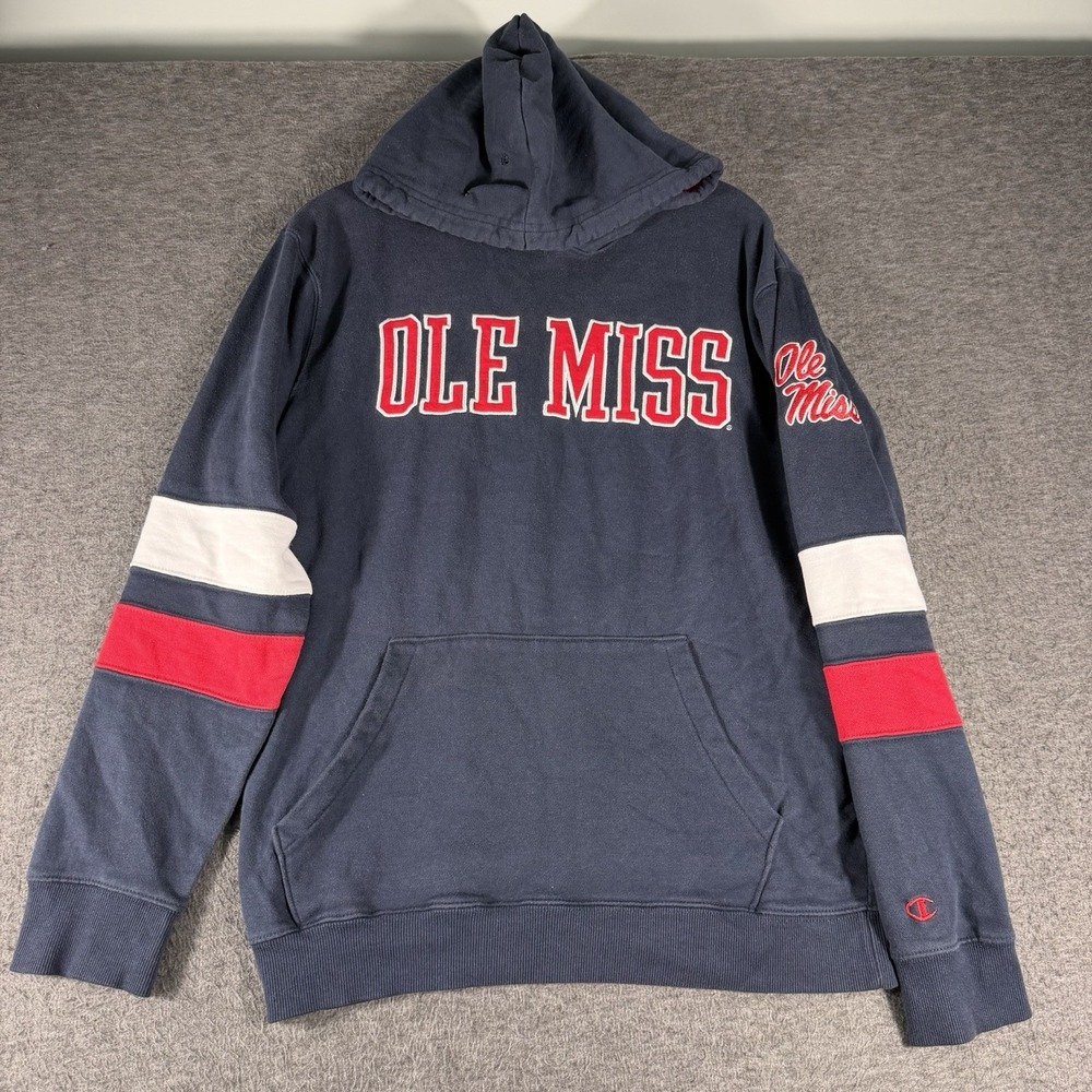 Champion Ole Miss Rebels Hoodie Mens Medium Sweatshirt Football Distressed